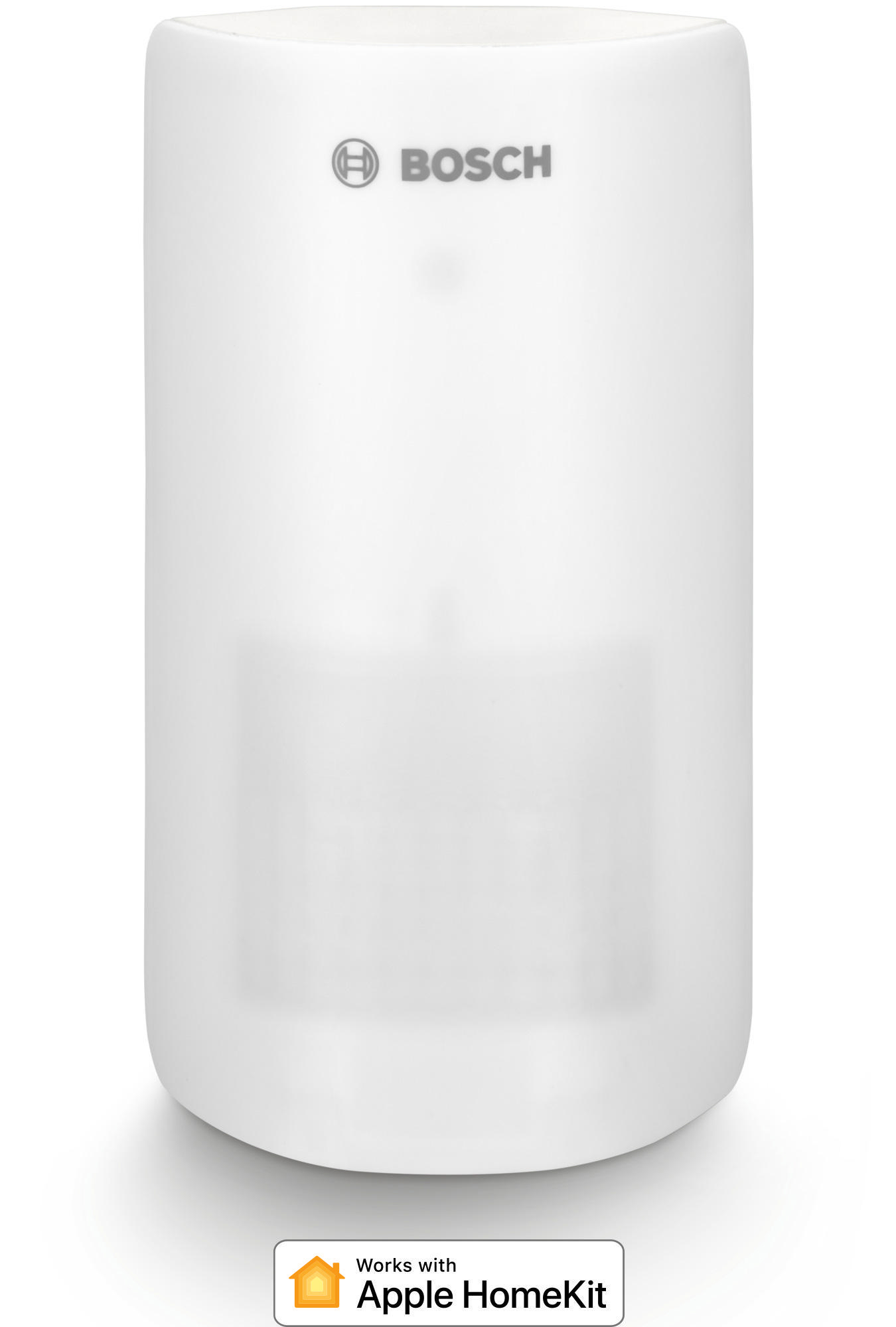 Weißer Bosch-Bewegungssensor. Das Bosch-Logo befindet sich oben. Der Text 'Works with Apple HomeKit' unten.