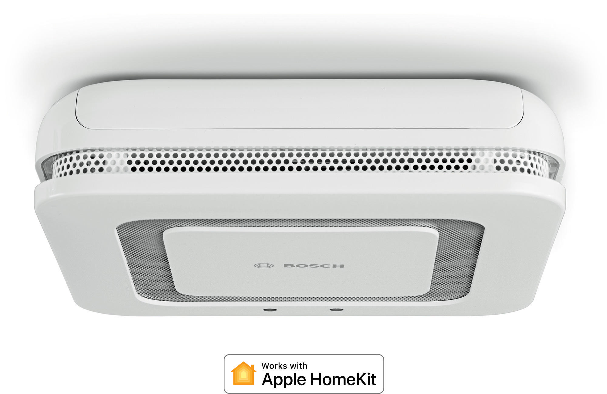 Ein weißer Rauchmelder mit dem Bosch-Logo und dem Apple HomeKit-Logo unten.