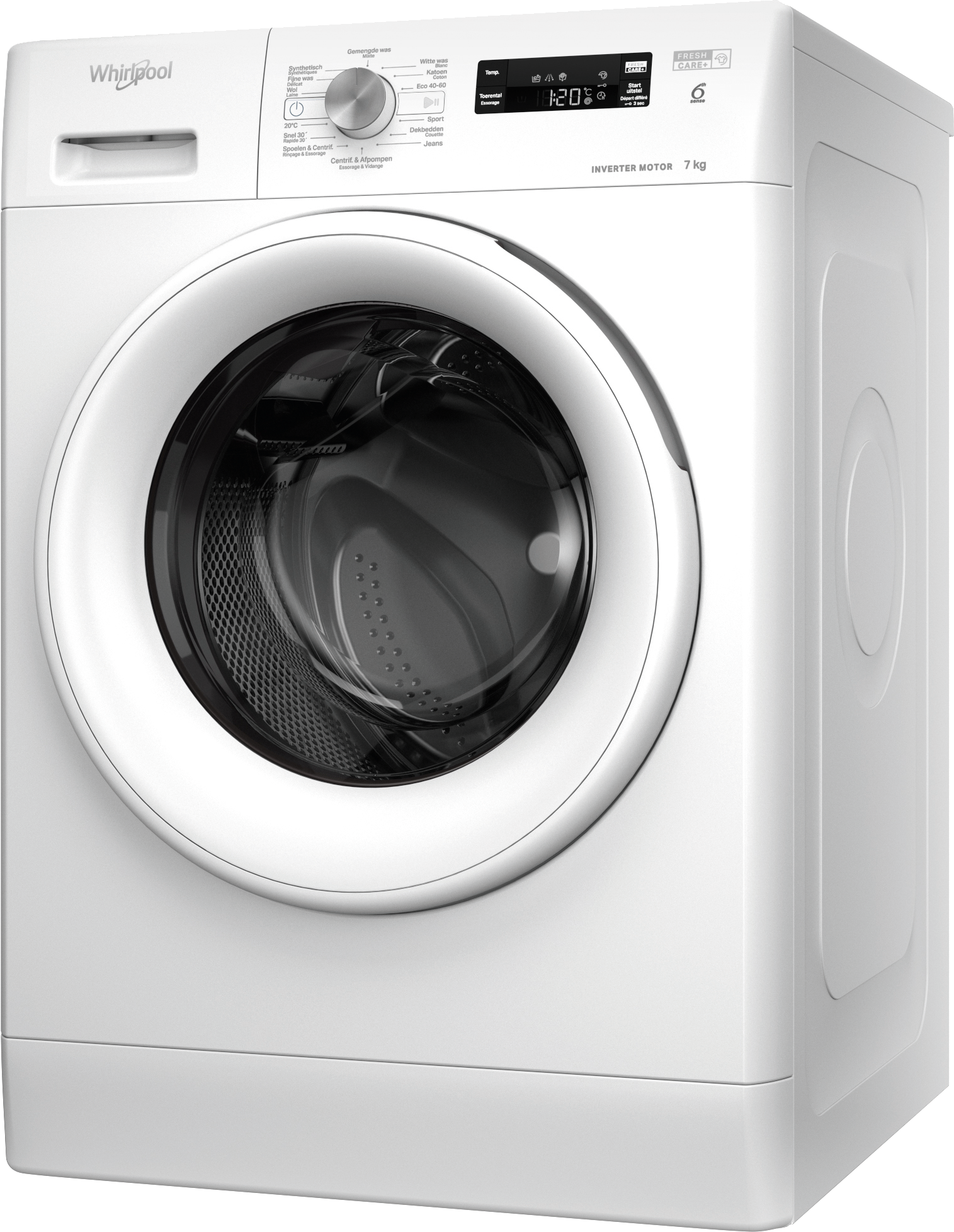 Een witte Whirlpool wasmachine. De voorkant heeft een grote deur met een glazen raam. Verschillende knoppen en een draaiknop zijn zichtbaar.
