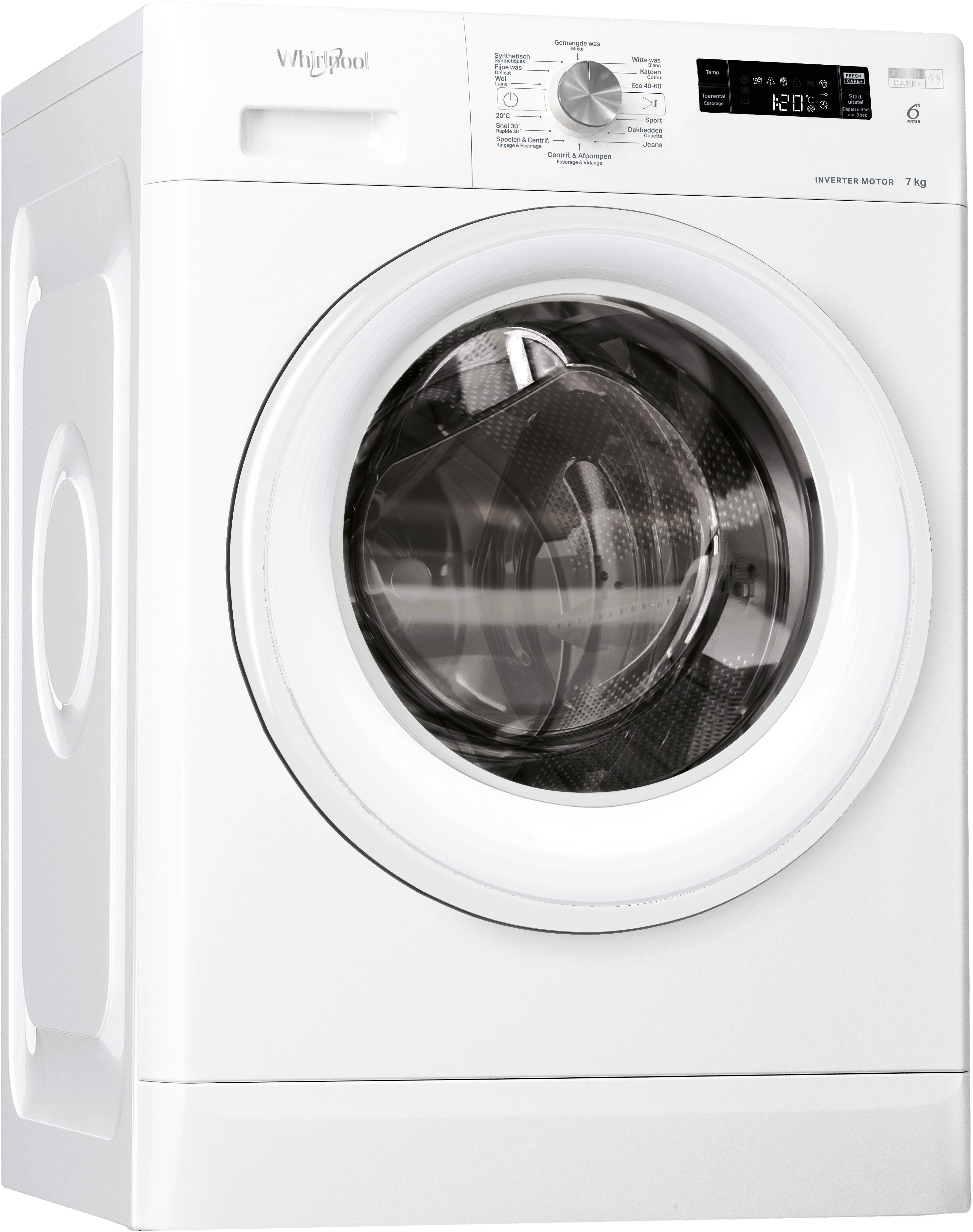Een witte Whirlpool wasmachine met bedieningspaneel, draaiknop en glazen deur.