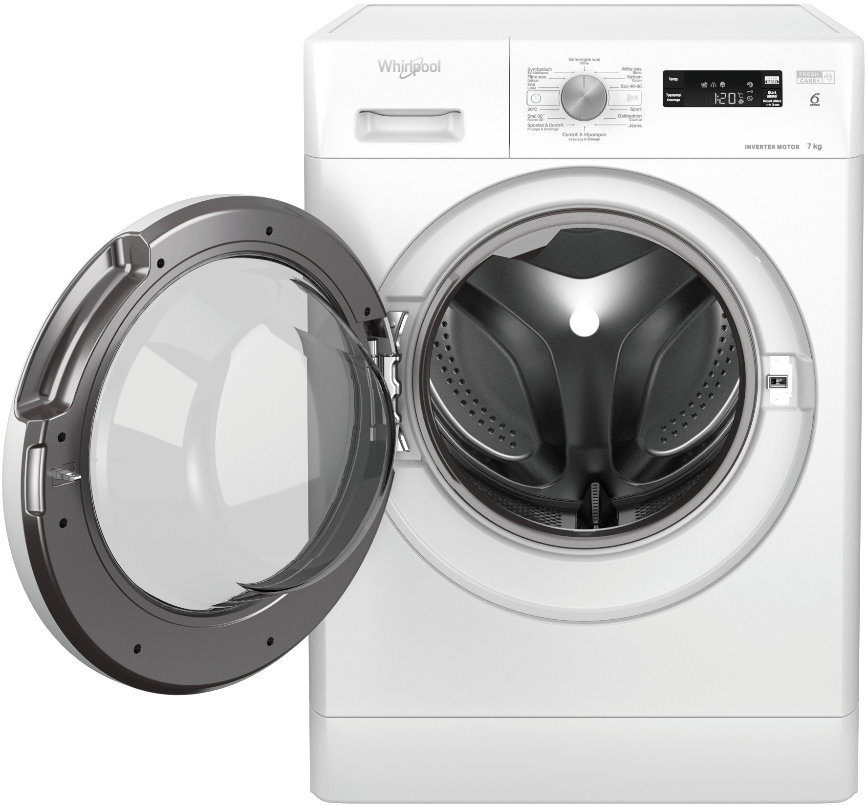 Witte Whirlpool wasmachine met open deur. De binnenkant van de trommel is zichtbaar. Bedieningspaneel en display zijn aanwezig.
