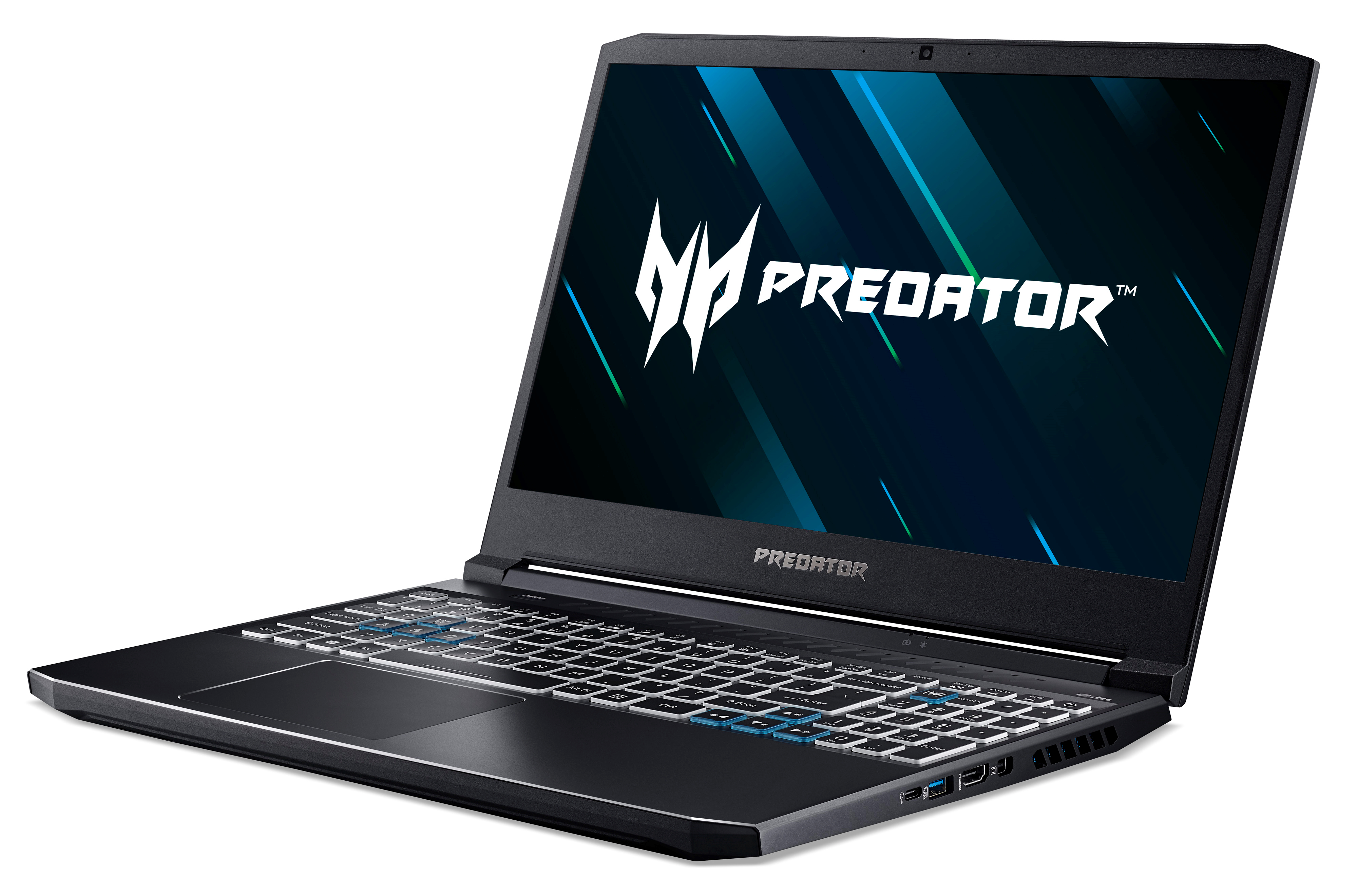 Schwarzer Laptop mit Predator-Logo auf dem Bildschirm, leicht abgewinkelt. Die Tastatur hat blaue Lichter.