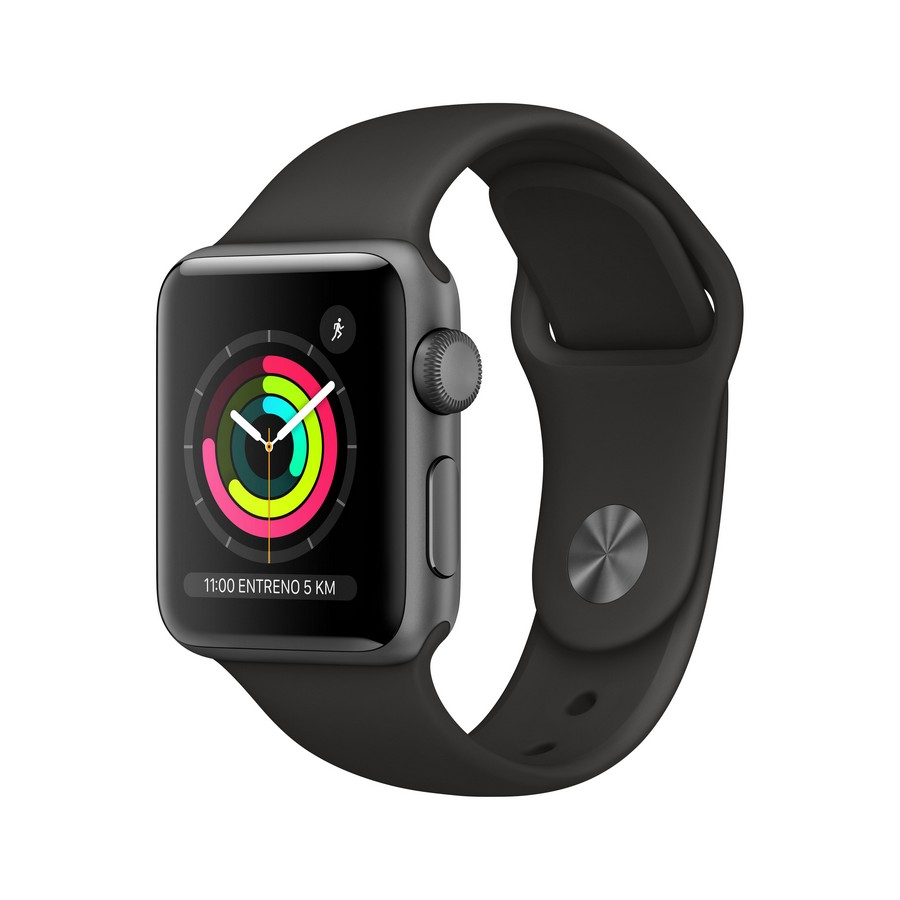 Apple Watch negra con correa negra, mostrando la hora.