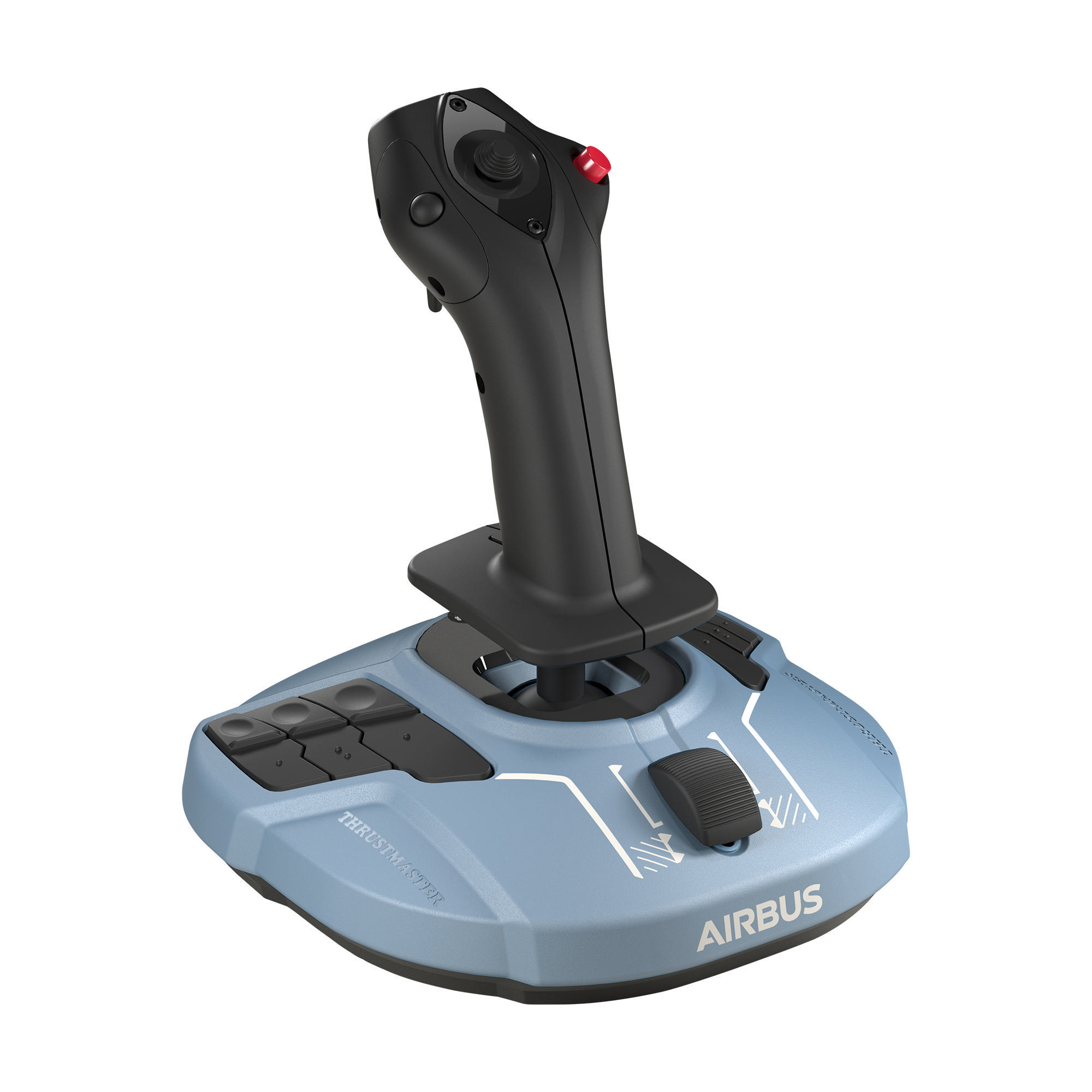 Thrustmaster Airbus Joystick. Es hat eine graue Basis und einen schwarzen Joystick-Griff.