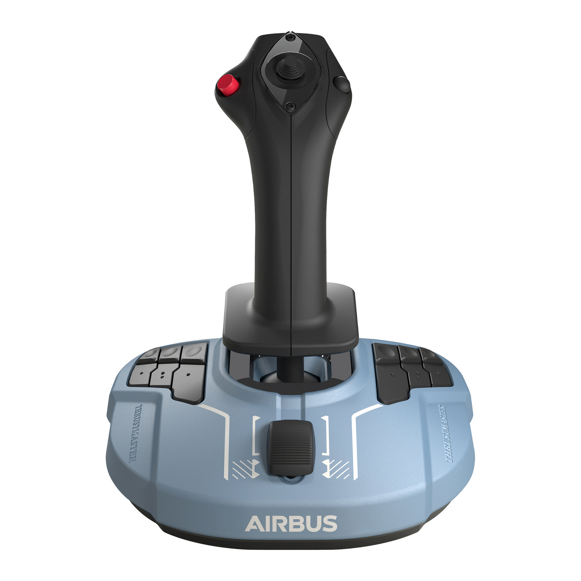 Ein blau-schwarzer Flugsimulator-Joystick auf weißem Hintergrund.
