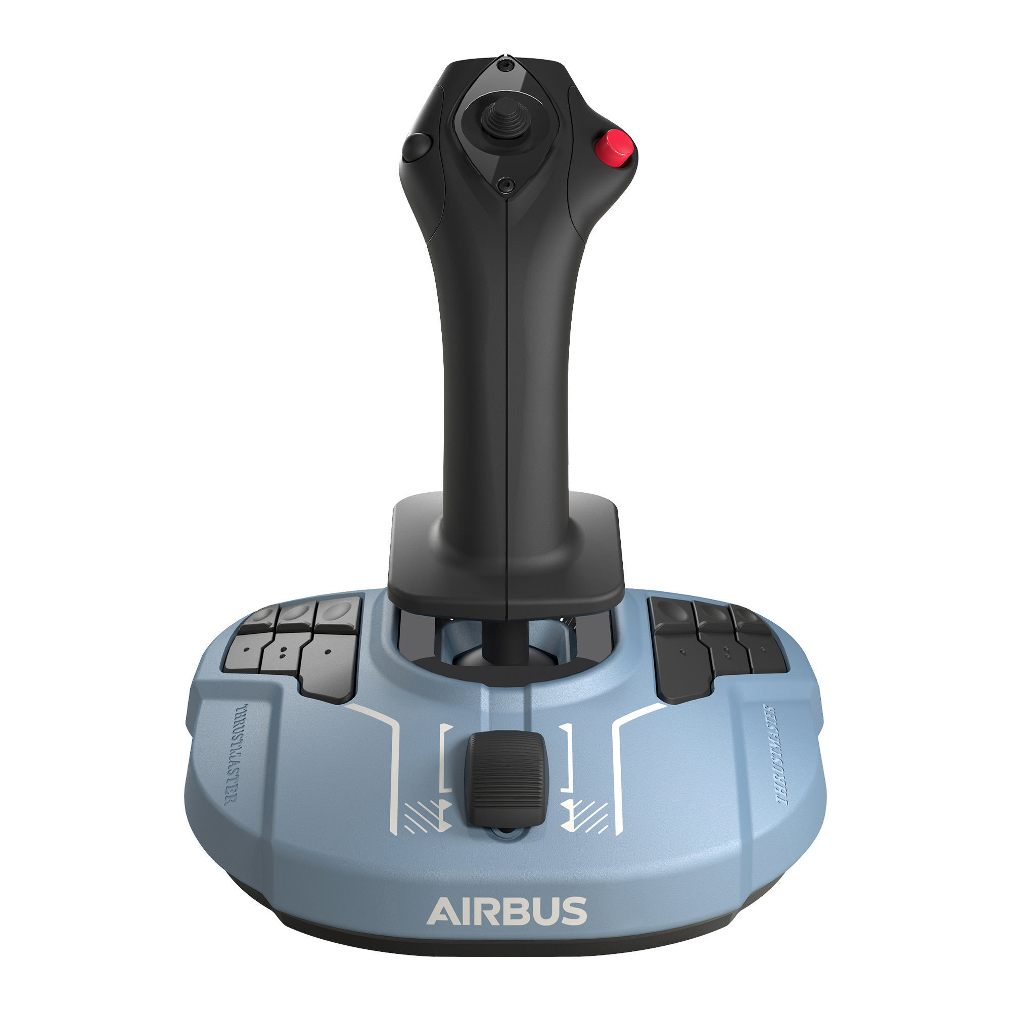Blau-schwarzer Joystick mit roter Taste, hellblauer Basis, Airbus-Logo.