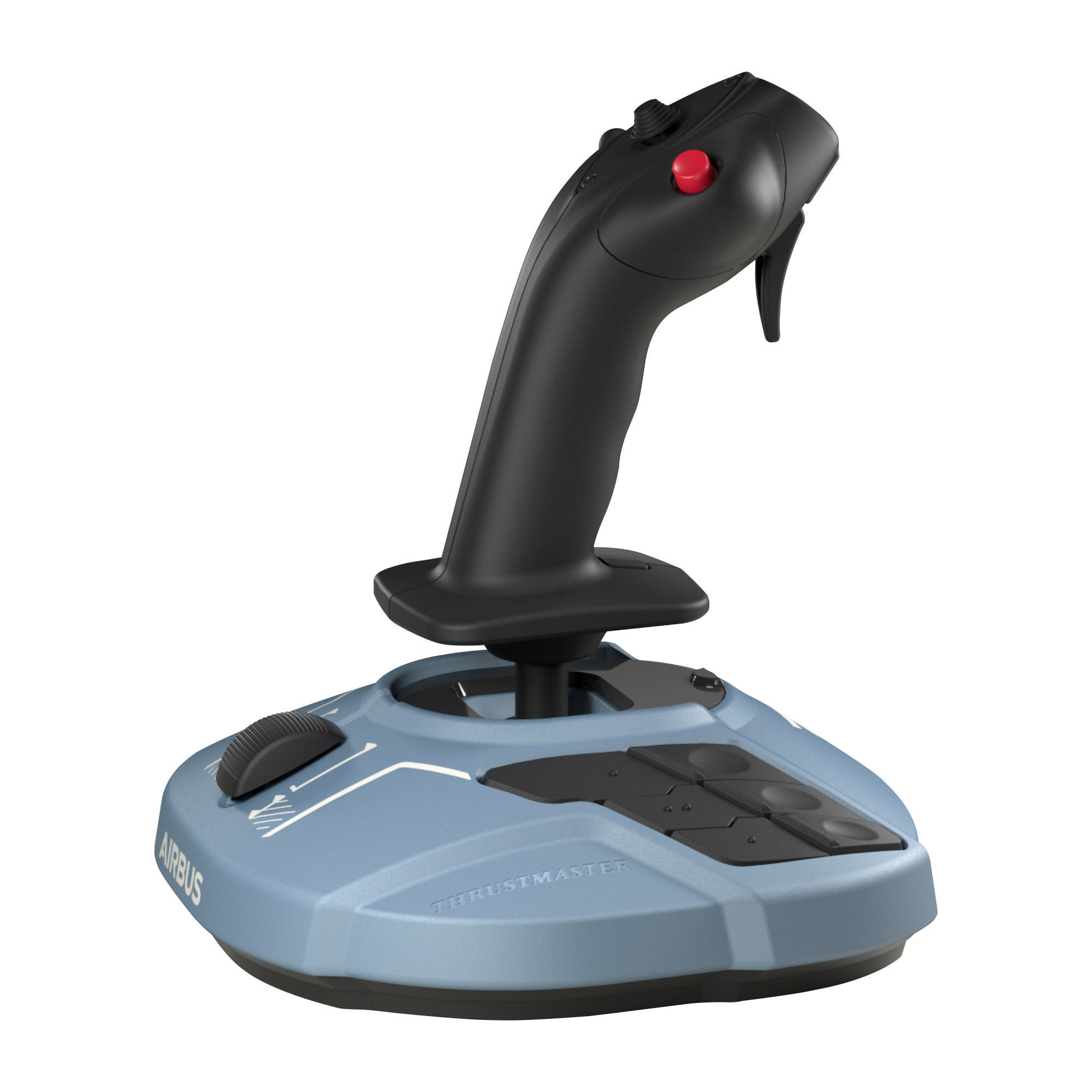 Ein schwarzer und blauer Joystick. Er hat einen roten Knopf oben und ist mit Airbus beschriftet.