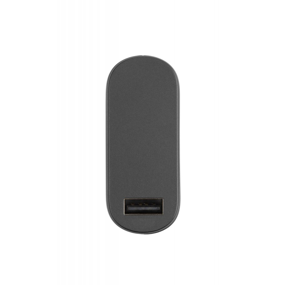Ein dunkelgraues, oval geformtes USB-Ladegerät mit USB-Anschluss an einem Ende vor weißem Hintergrund.