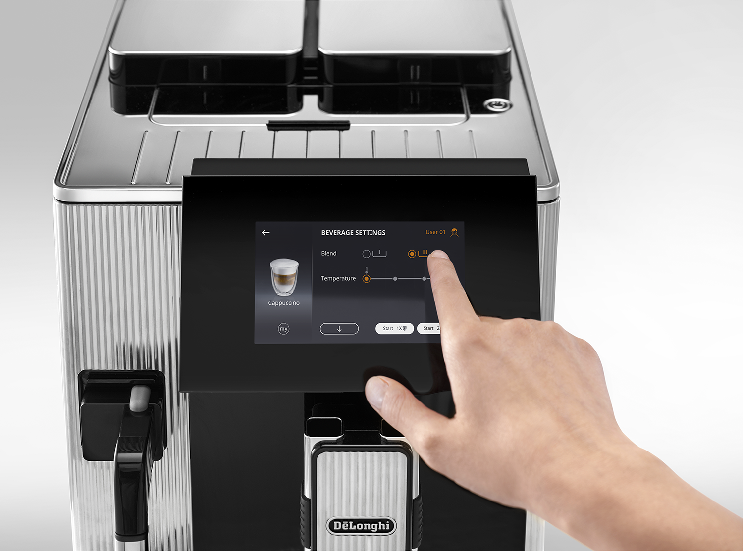 A hand touches a coffee machine screen, showing beverage settings. The machine has a black and silver design.