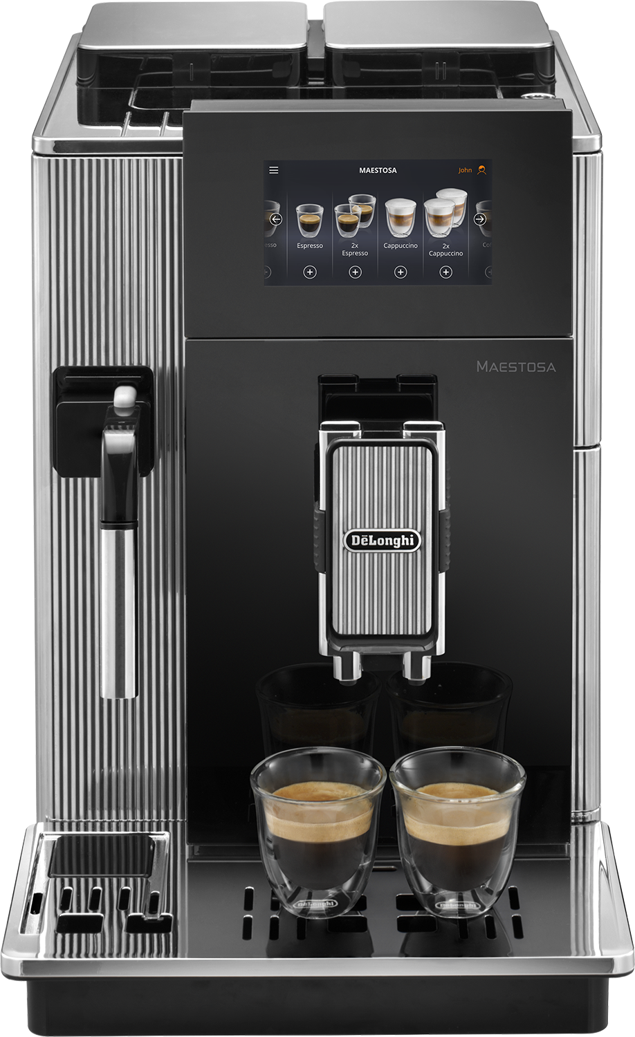 Black DeLonghi coffee machine. Two espresso cups, touch screen, and silver accents are visible.