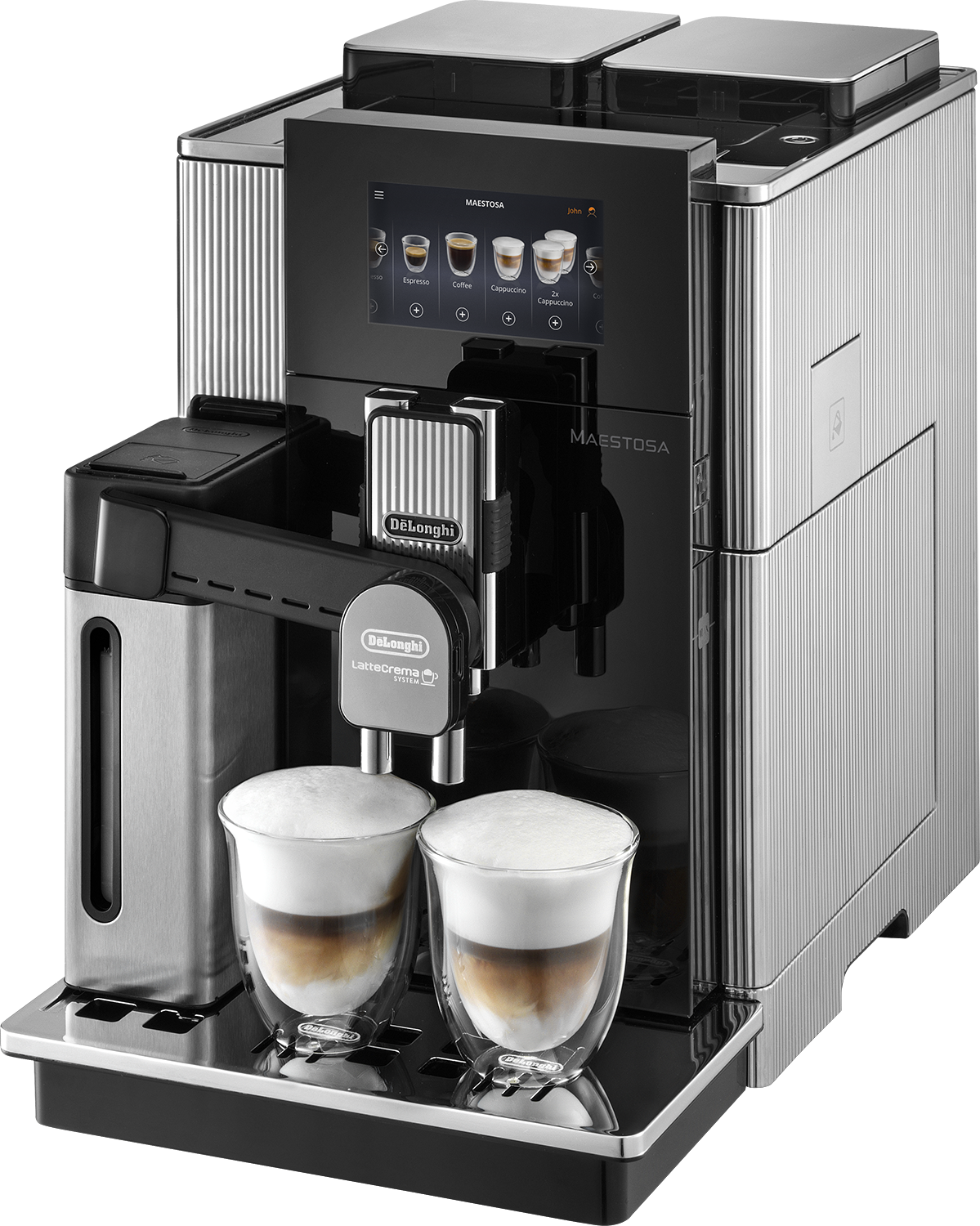 Black and silver De'Longhi Maestosa coffee machine, two glasses with latte, black background. Buttons on screen.