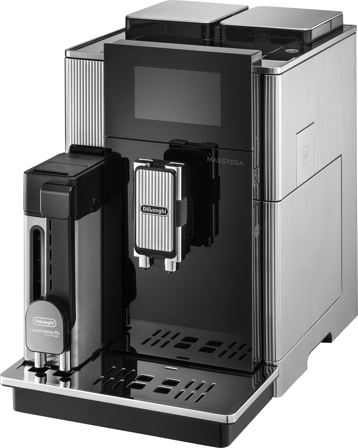 A silver and black coffee machine with a touch screen and the name "MAESTOSA".