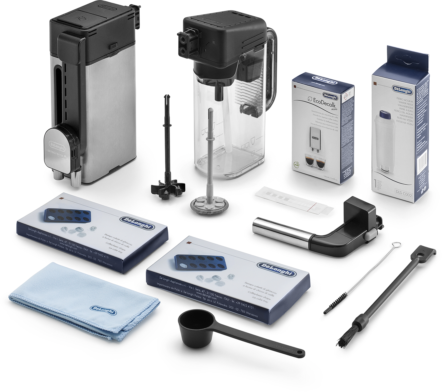 Various parts and accessories for a coffee machine are displayed.