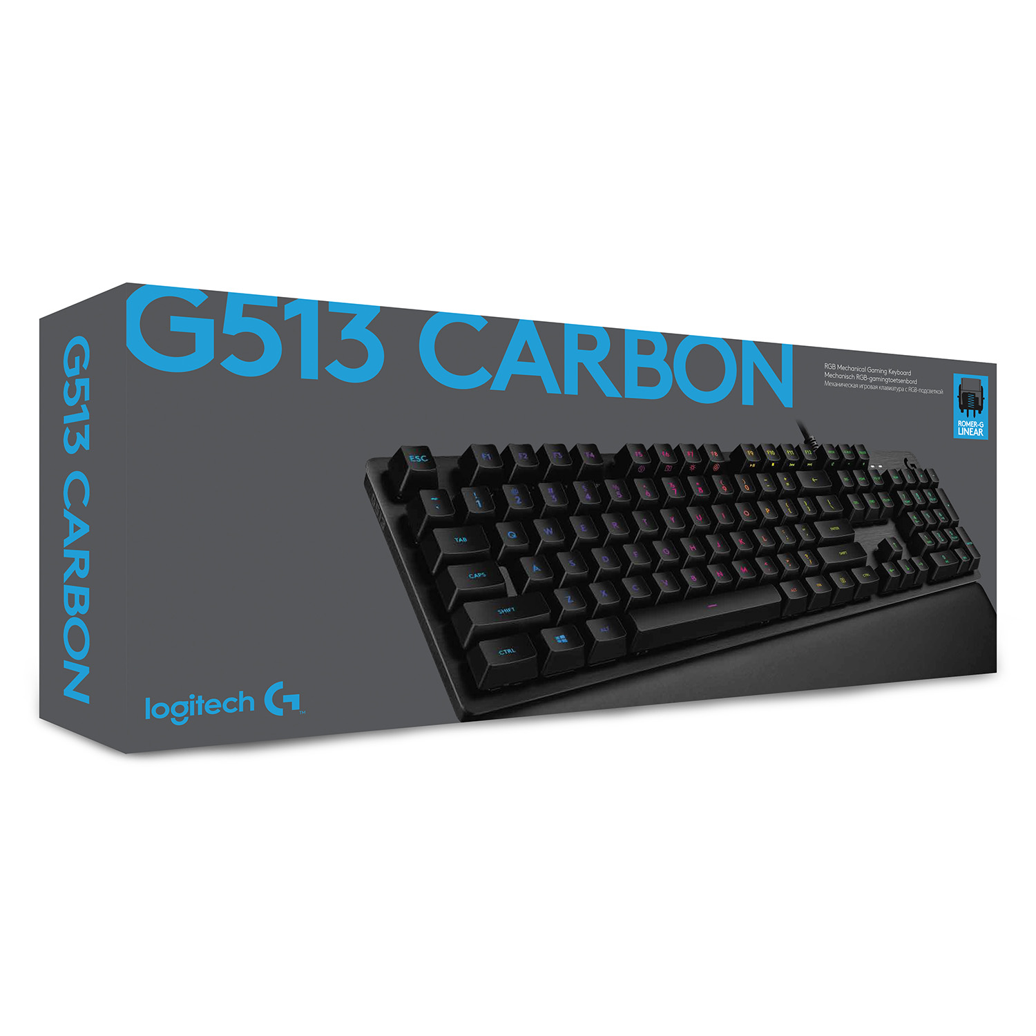 Logitech G513 Carbon klavye kutusu. Klavye sağda, gri arka plan, mavi metin.