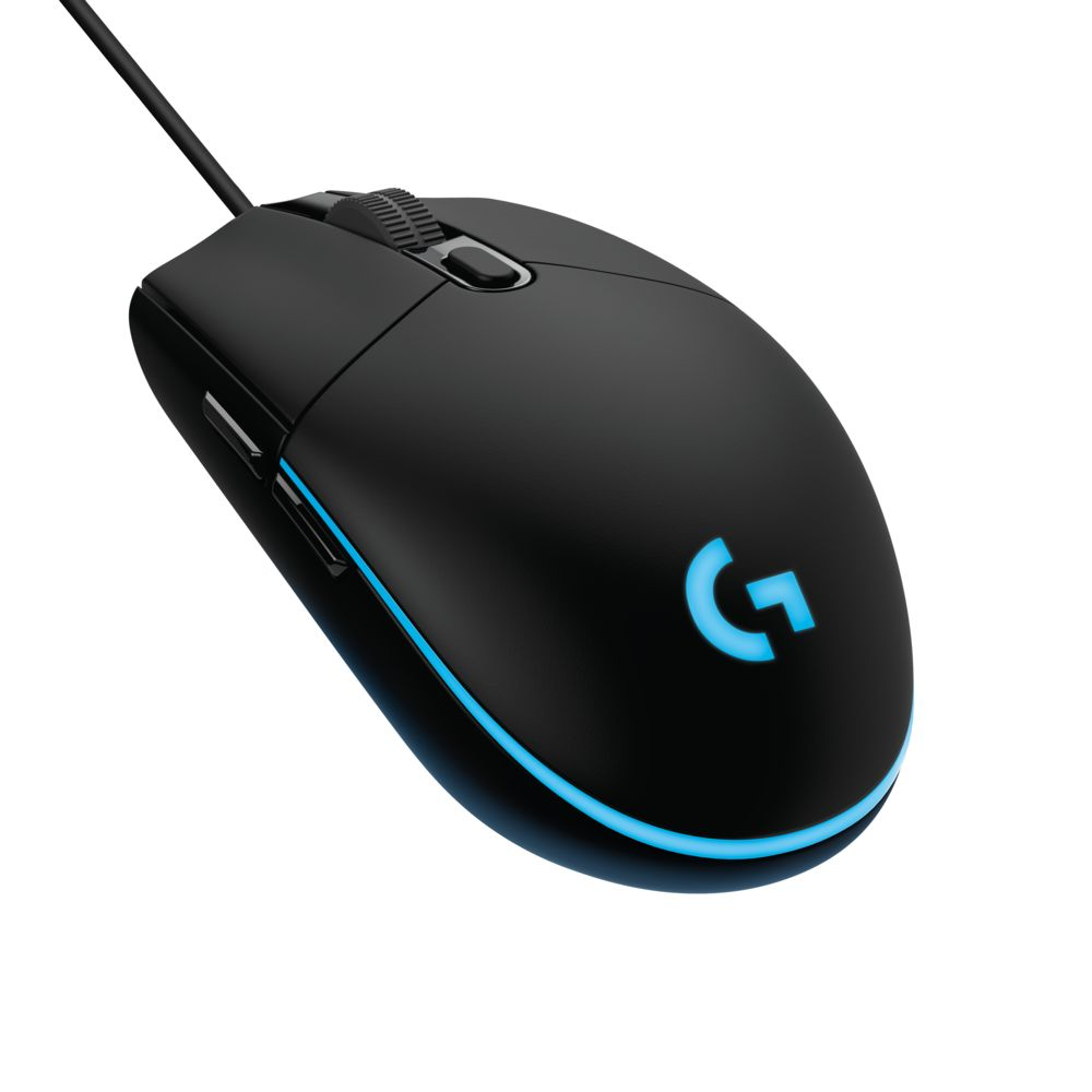 Altında mavi ışık, üstte tek düğme ve kablosu olan siyah Logitech oyun faresi.