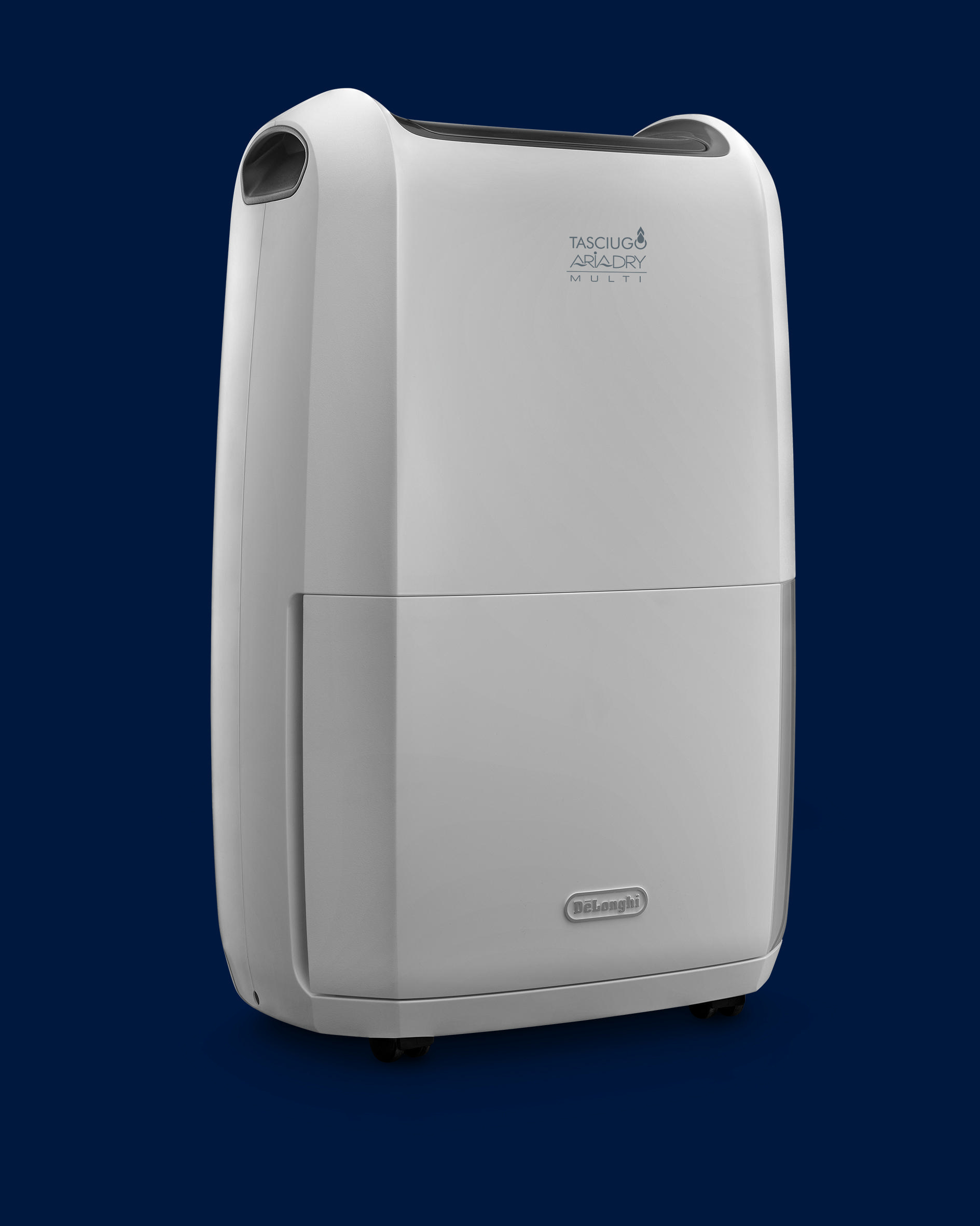 Ein weißer De'Longhi Luftentfeuchter, auf blauem Hintergrund, mit De'Longhi-Logo.
