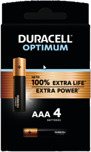 Een zwarte doos Duracell Optimum AAA-batterijen, met één batterij zichtbaar.