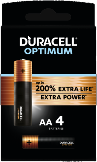 Piles Duracell Optimum AA dans un emballage noir et or avec du texte et un signe plus.