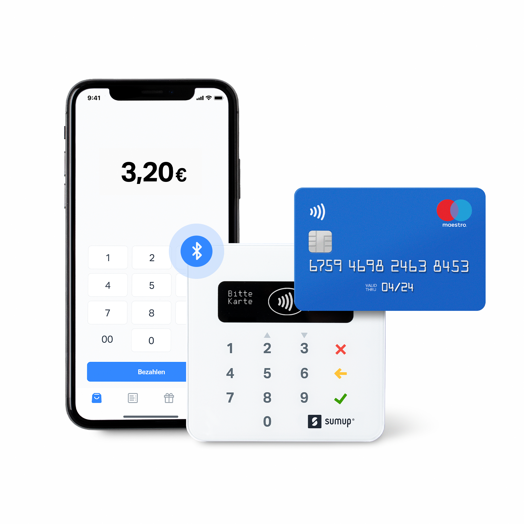 Ein Mobiltelefon mit einem Zahlungsbetrag, ein Zahlungsterminal und eine blaue Kreditkarte.