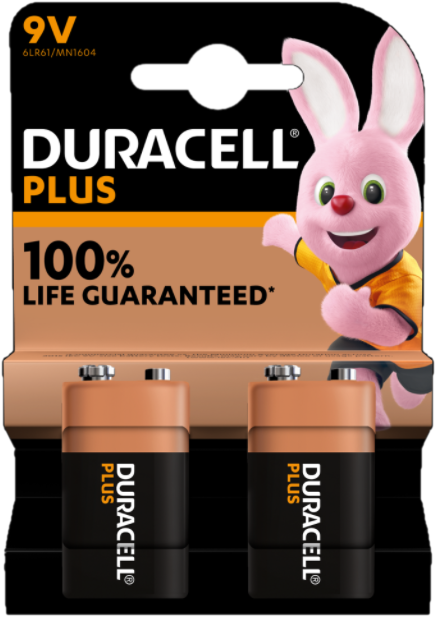 Duracell Plus batterijverpakking met een roze konijn. Tekst: 100% life guaranteed.