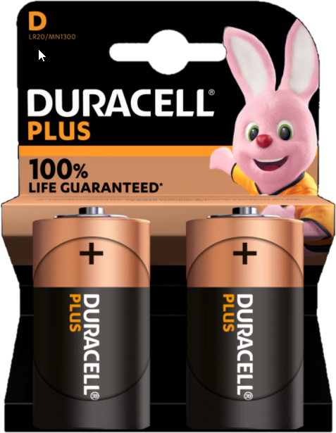 Piles Duracell Plus dans un emballage. Personnage de lapin rose visible sur l'emballage.