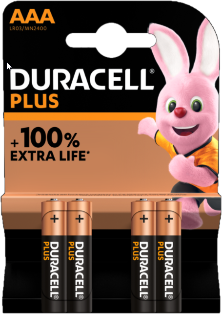 Piles Duracell Plus AAA dans un emballage avec une mascotte de lapin rose et texte sur la durée de vie.