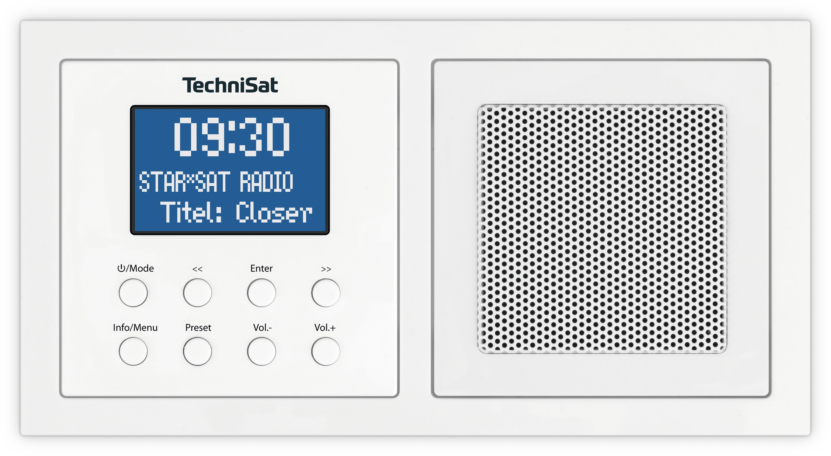 Weißes TechniSat-Radio mit Digitalanzeige, die Zeit und Radioinformationen anzeigt.