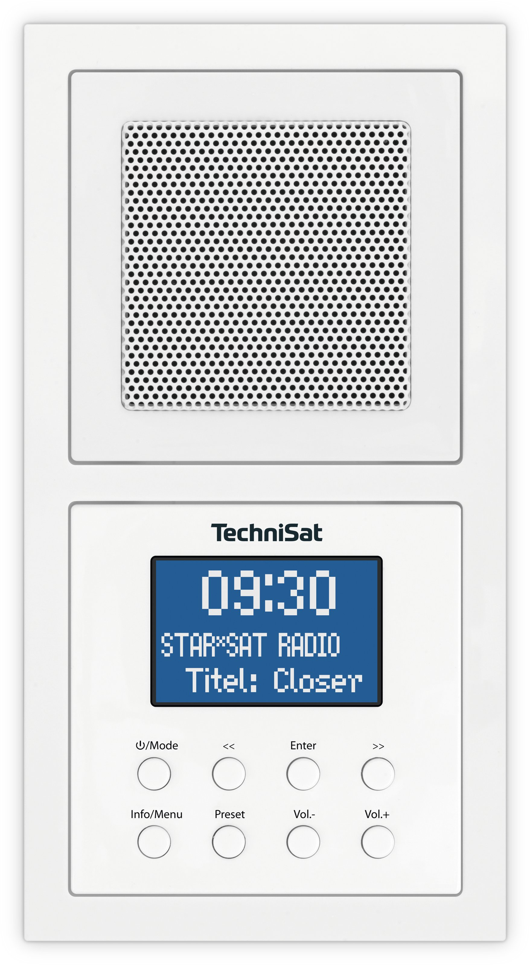 Weißes Technisat-Radio mit Display, das Zeit, Stationsnamen und Bedienknöpfe anzeigt.