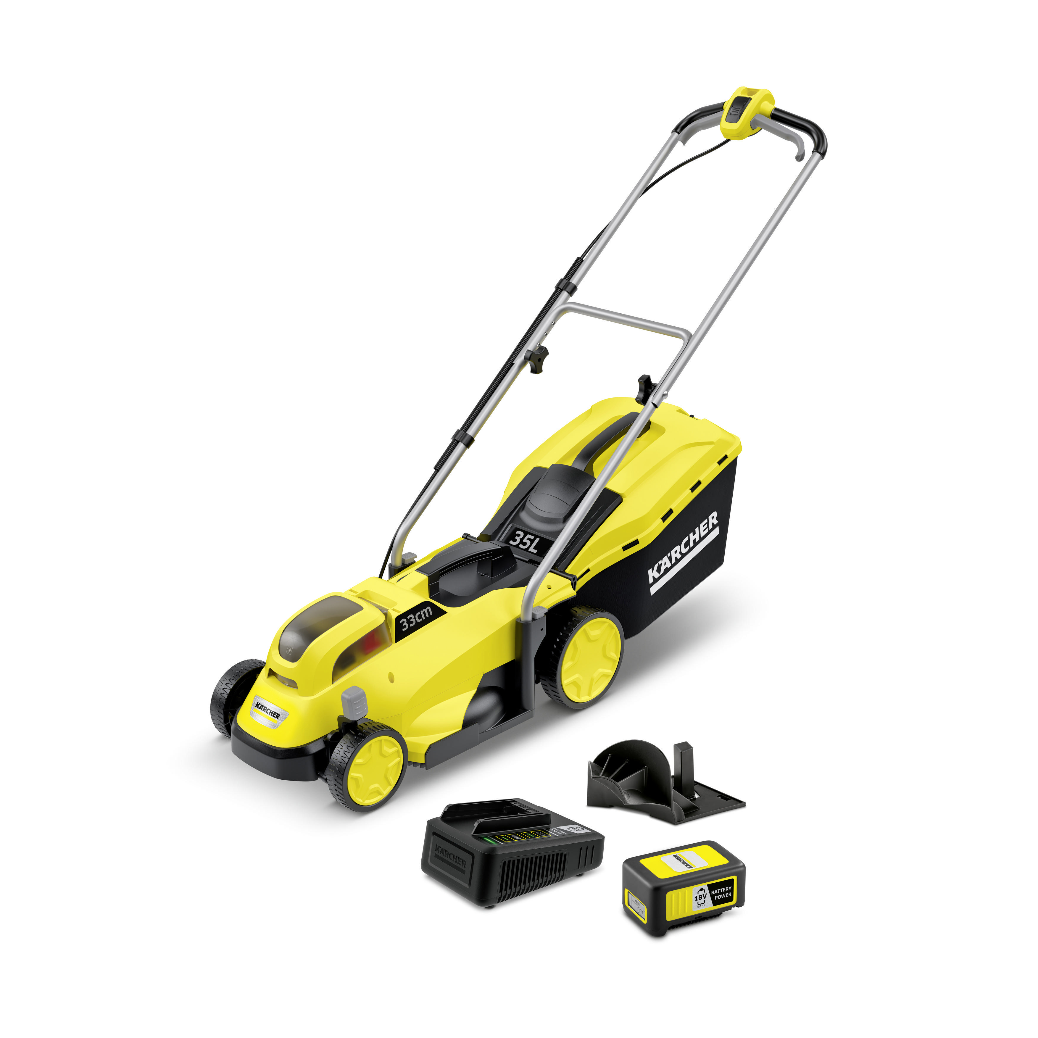 KÄRCHER LMO 18-33 Battery Set, Rasenmäher (18 Volt, Schnittbreite: 33 cm, Verstellbare Schnitthöhe 4-fach, mit 35 l Fangkorb-Volumen)