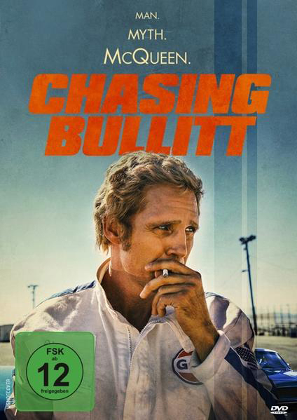 Filmposter für 'Chasing Bullitt' mit Steve McQueen. Das Poster zeigt einen Mann, der eine Zigarette raucht.