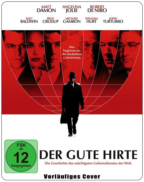 Filmposter mit Gesichtern von Schauspielern über einem Mann in einem Trenchcoat, der auf den Betrachter zugeht.