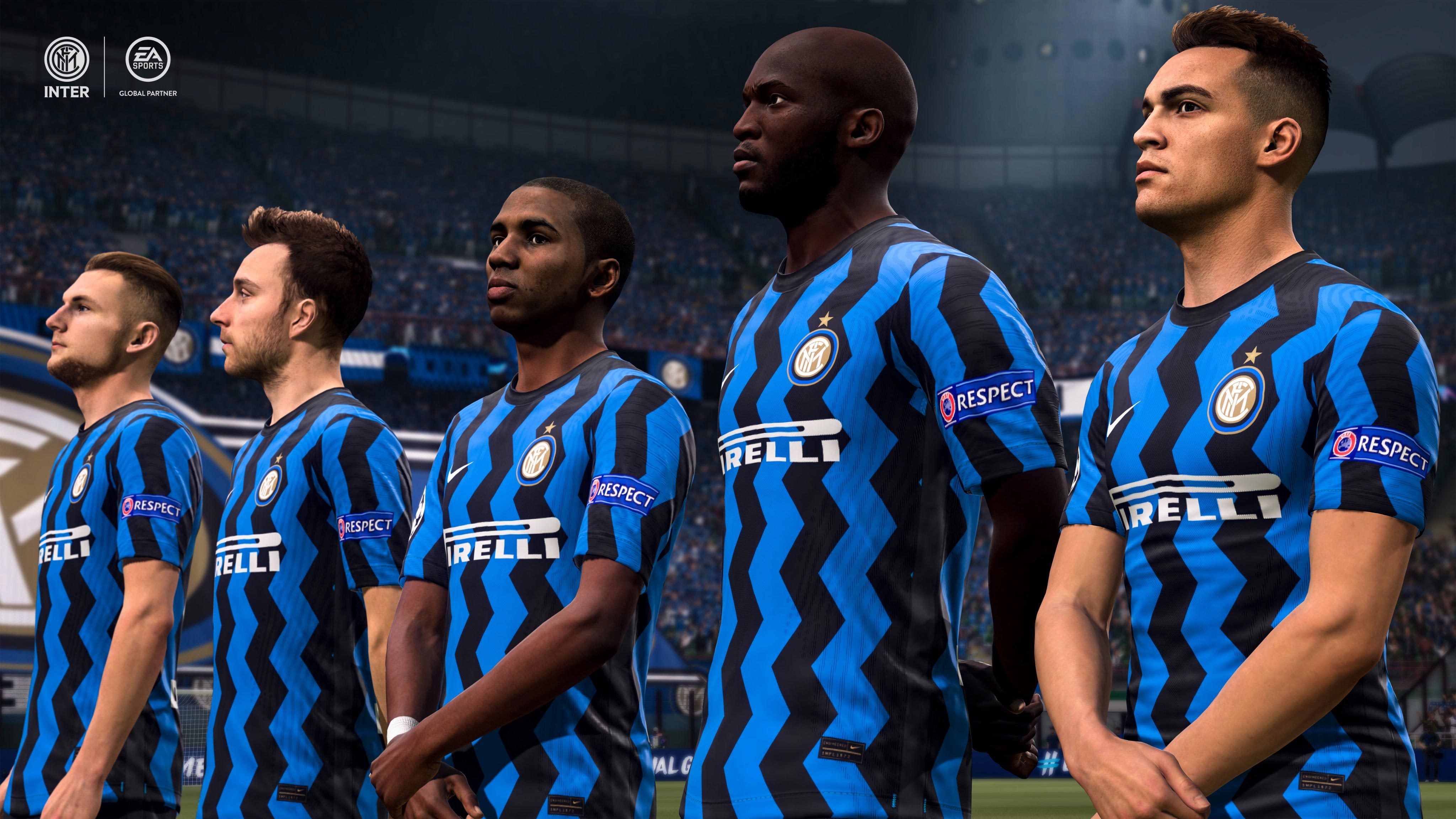 Een groep voetballers in blauw-zwarte gestreepte shirts staat op een groen veld.