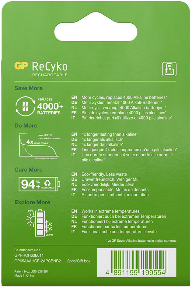 GP BATTERIES Piles AAA rechargeables ReCyko 650 mAh 2 pièces (GP65AAAHCE-2APCEWB2)