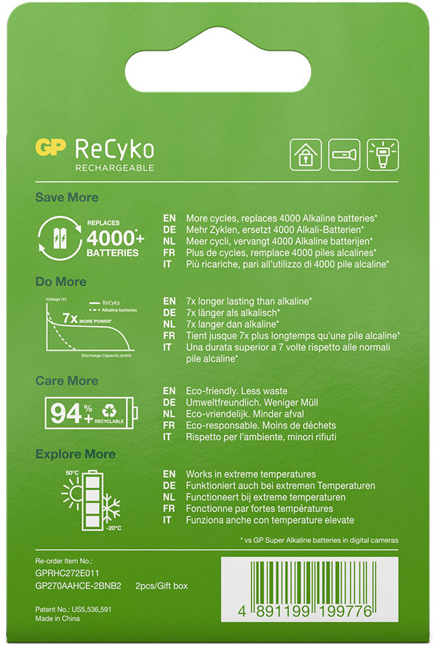 Dos d'un paquet de piles rechargeables GP ReCyko vertes et blanches.