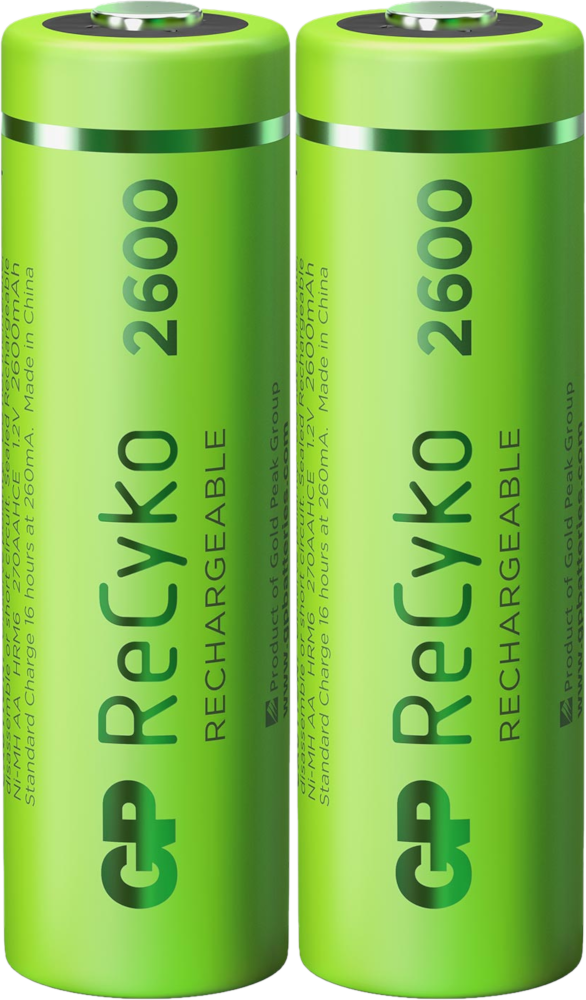 Deux piles rechargeables ReCyko vertes avec texte noir et blanc.