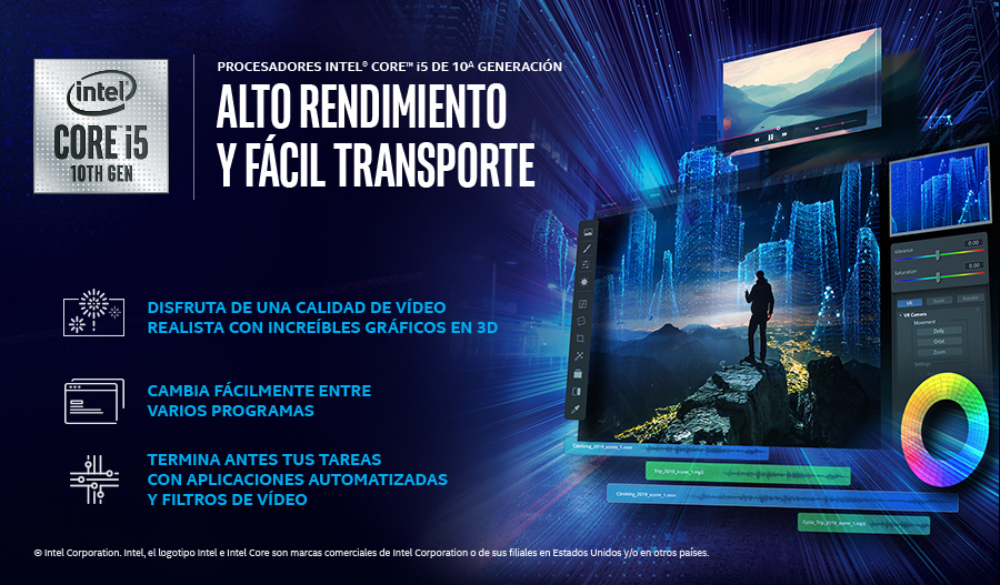 Anuncio del procesador Intel Core i5. Colores azul y blanco. Gráficos a la derecha y texto a la izquierda.