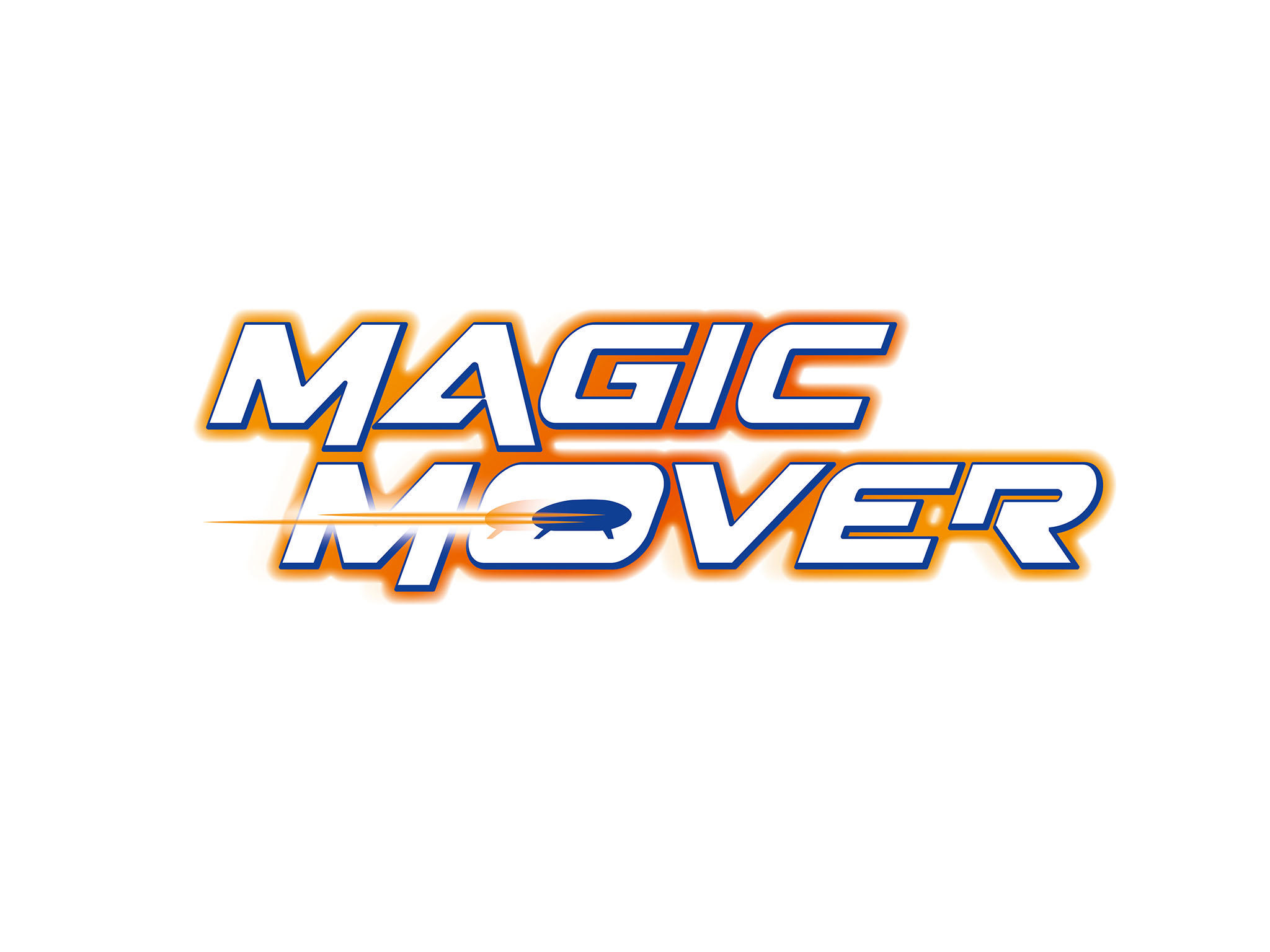 Magic Mover Logo mit stilisiertem Autosymbol und orangefarbenem und blauem Text.