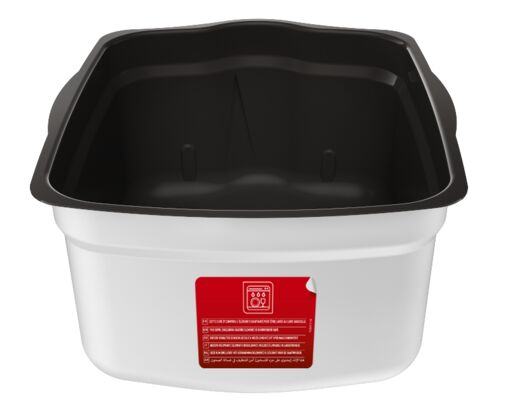 White and black plastic container with a red sticker. The container is empty and has a rectangular shape.