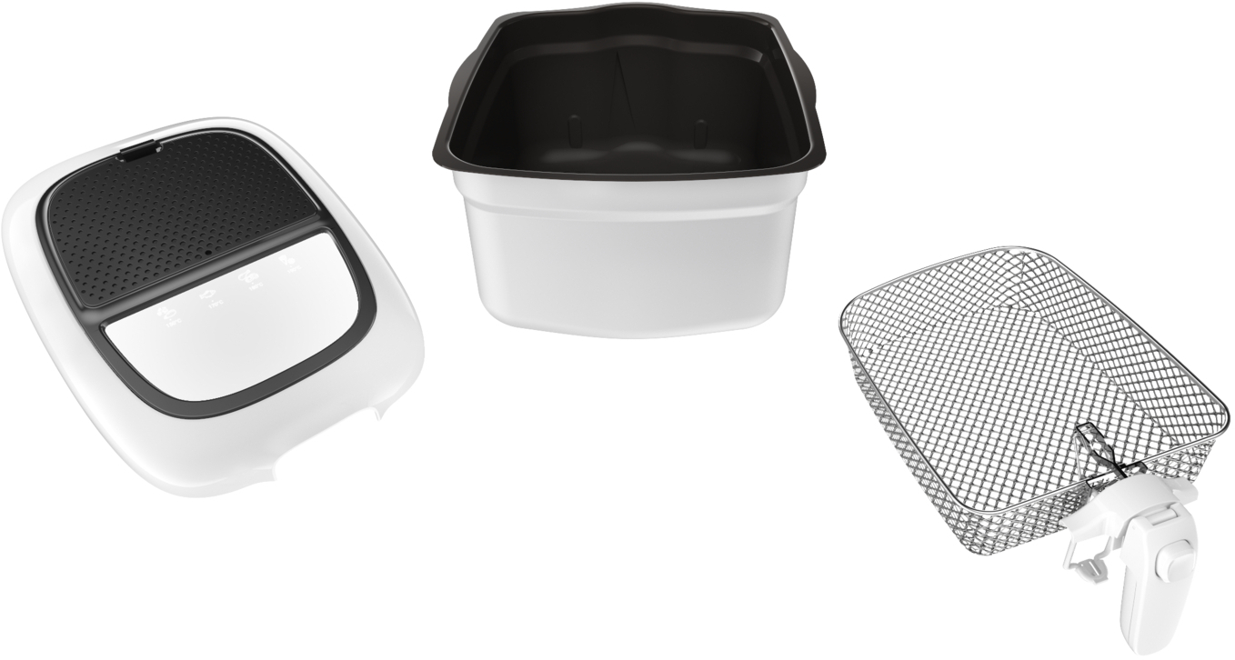 Air fryer components: lid, inner pan, and basket.