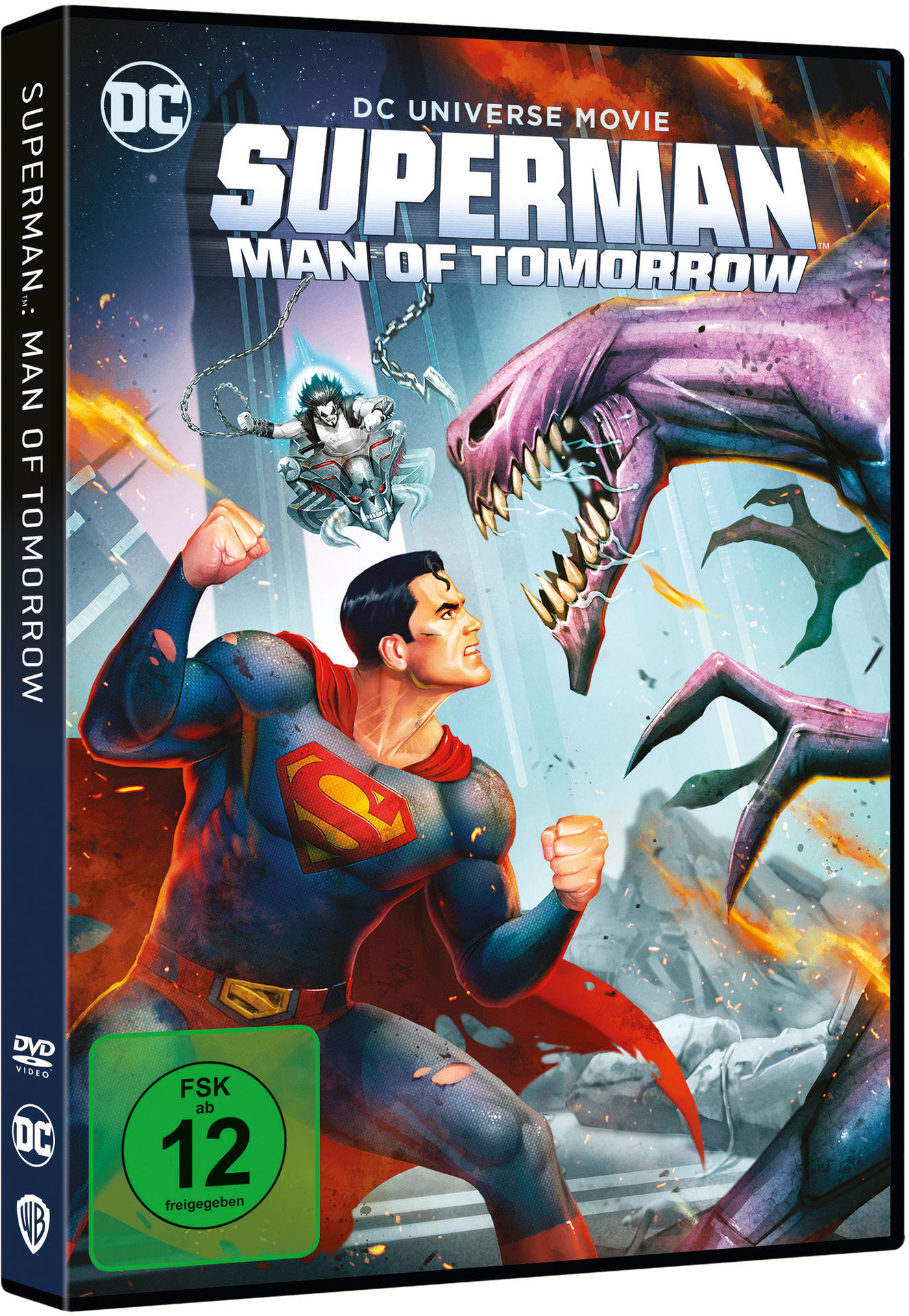 DVD-Cover von 'Superman: Man of Tomorrow'. Superman kämpft gegen ein Monster.