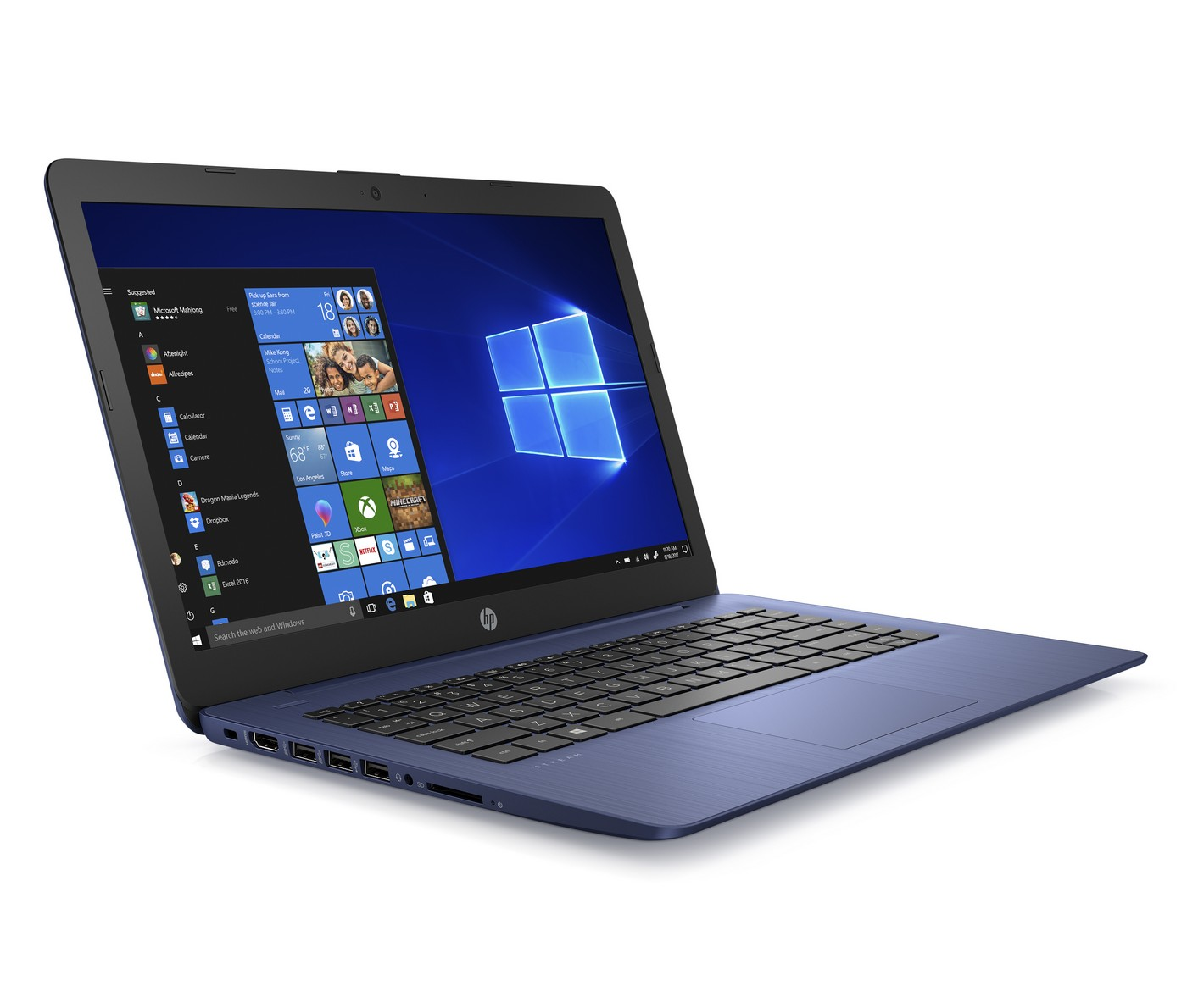 Portátil HP azul abierto sobre una superficie blanca. La pantalla muestra la interfaz de Windows 10.