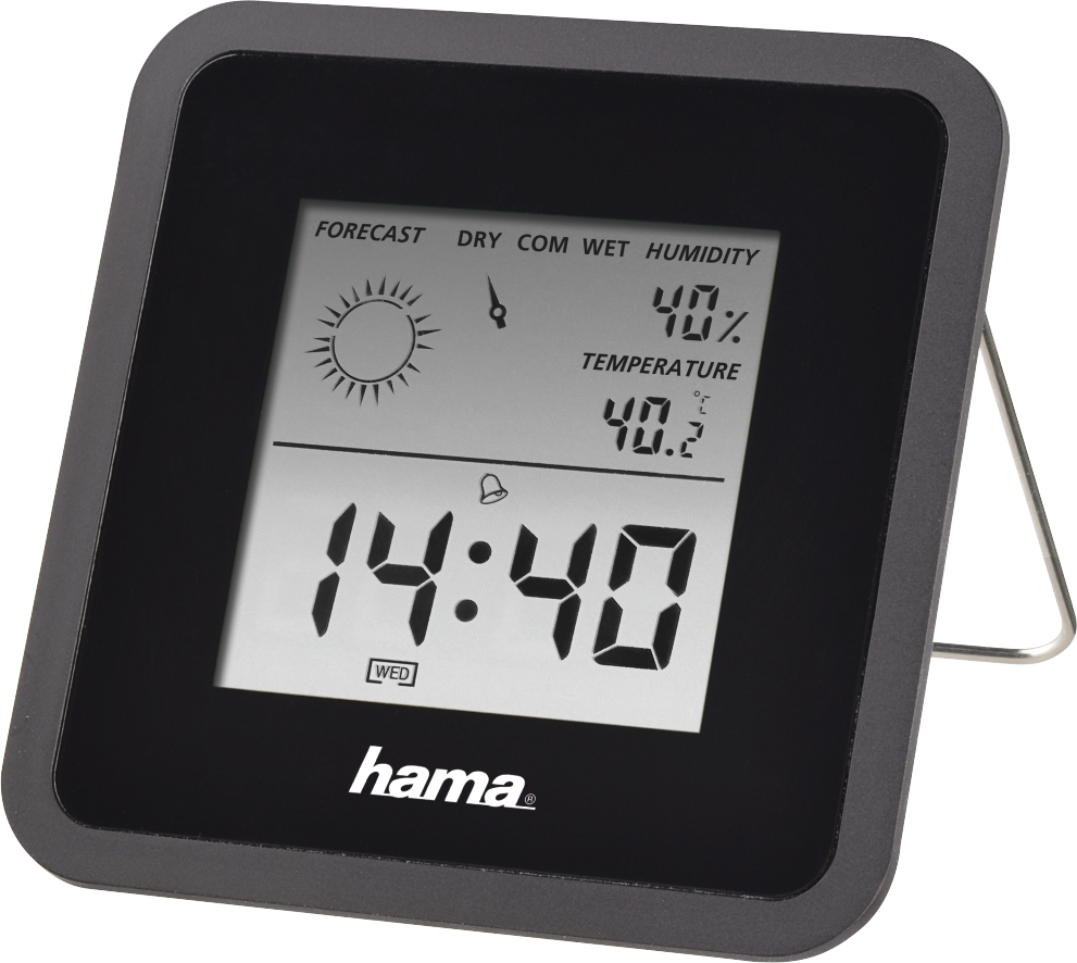 Horloge numérique affichant l'heure, la température et l'humidité.