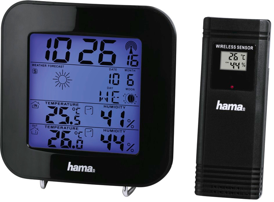 A black weather station with a digital screen showing the time, date, and temperature.