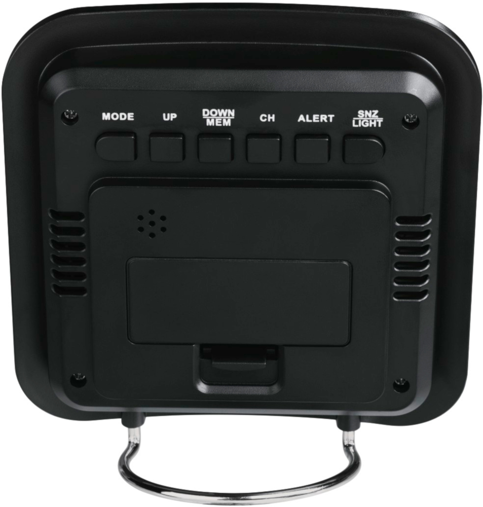 Black digital clock, showing buttons for mode, up, down, CH, alert, and light.