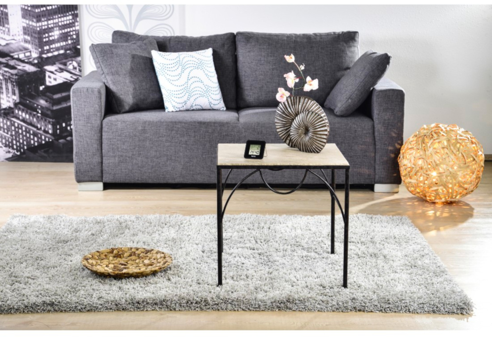 Un canapé gris, une table en bois et un tapis moelleux.