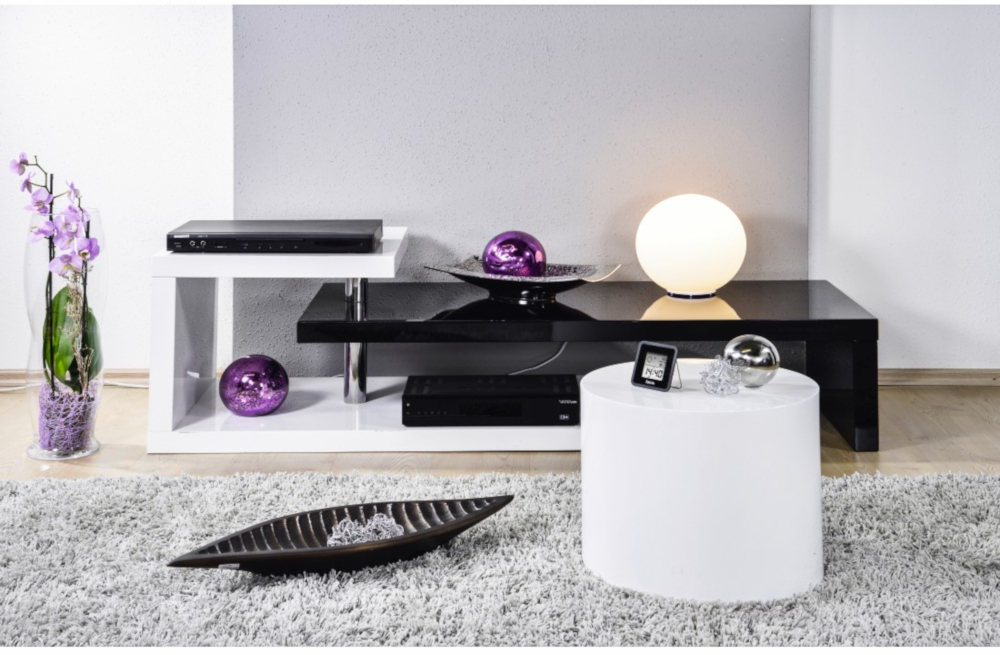Un salon moderne avec un meuble TV noir et blanc et de la décoration.