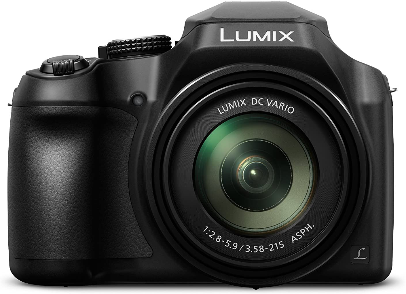 Cámara Lumix negra con lente grande y nombre de la marca en la parte superior.