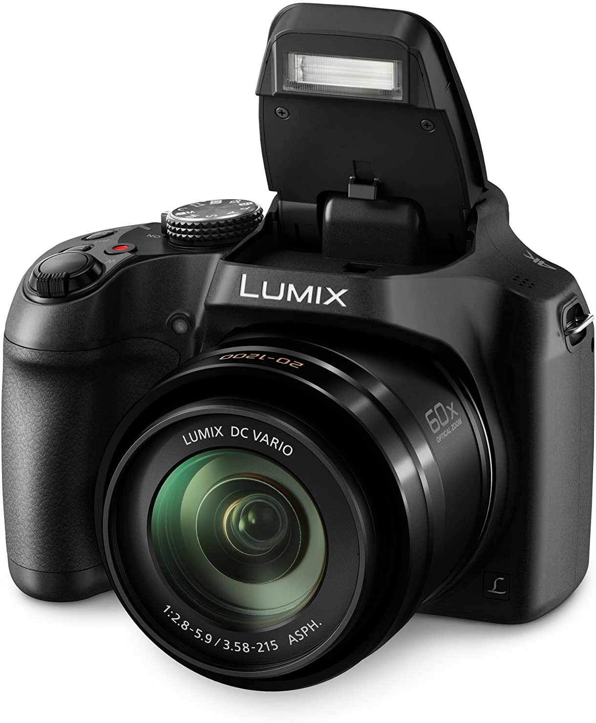 Una cámara Lumix negra con objetivo abierto, con flash arriba. El objetivo tiene 'Lumix DC Vario'.