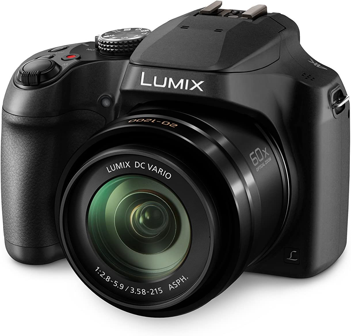 Cámara Lumix negra con una lente grande. La cámara está orientada hacia el espectador.