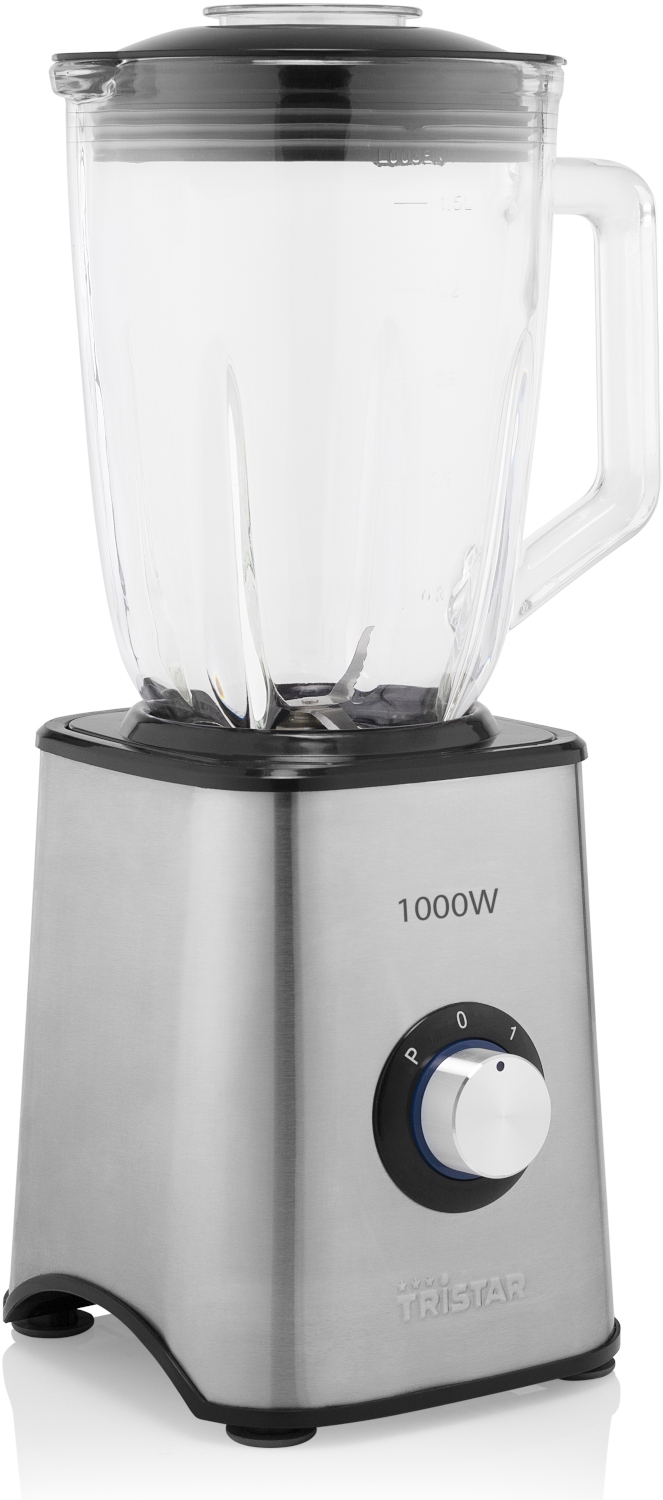 Tristar blender van roestvrij staal met glazen kan en zwart deksel, 1000W.